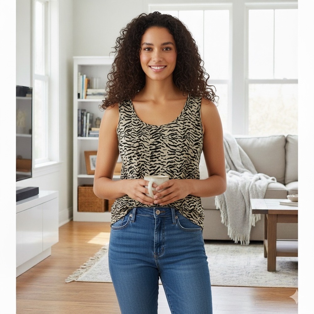 NEW Chico's Travelers Tank Top Women 3 XL Brown Black Zebra Animal Print Stretch